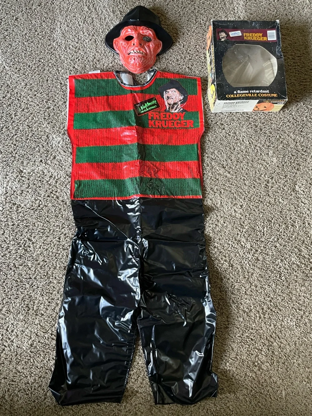 Vtg 1987 Freddy Krueger Collegeville Mask Smock Box Horror 80s Halloween Costume